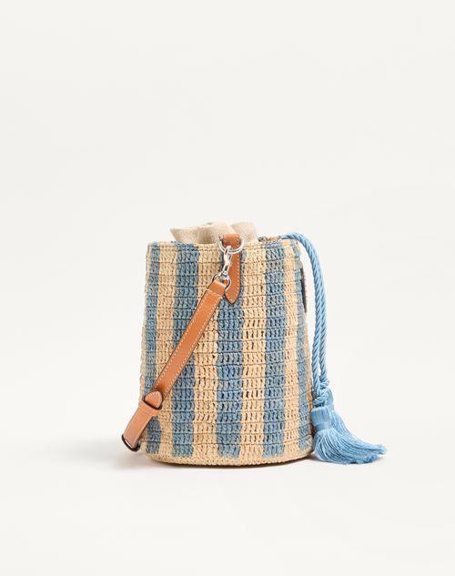 Valentino Garavani - Valentino Garavani Small Striped Raffia Bucket Bag - Natural/azure - Woman - Shoulder Bags